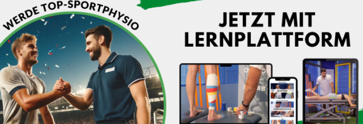 Werbung fuer eine Lernplattform mit Kursvideos fuer Sportphysiotherapeuten, zwei Maenner geben sich - TOP-Kurs